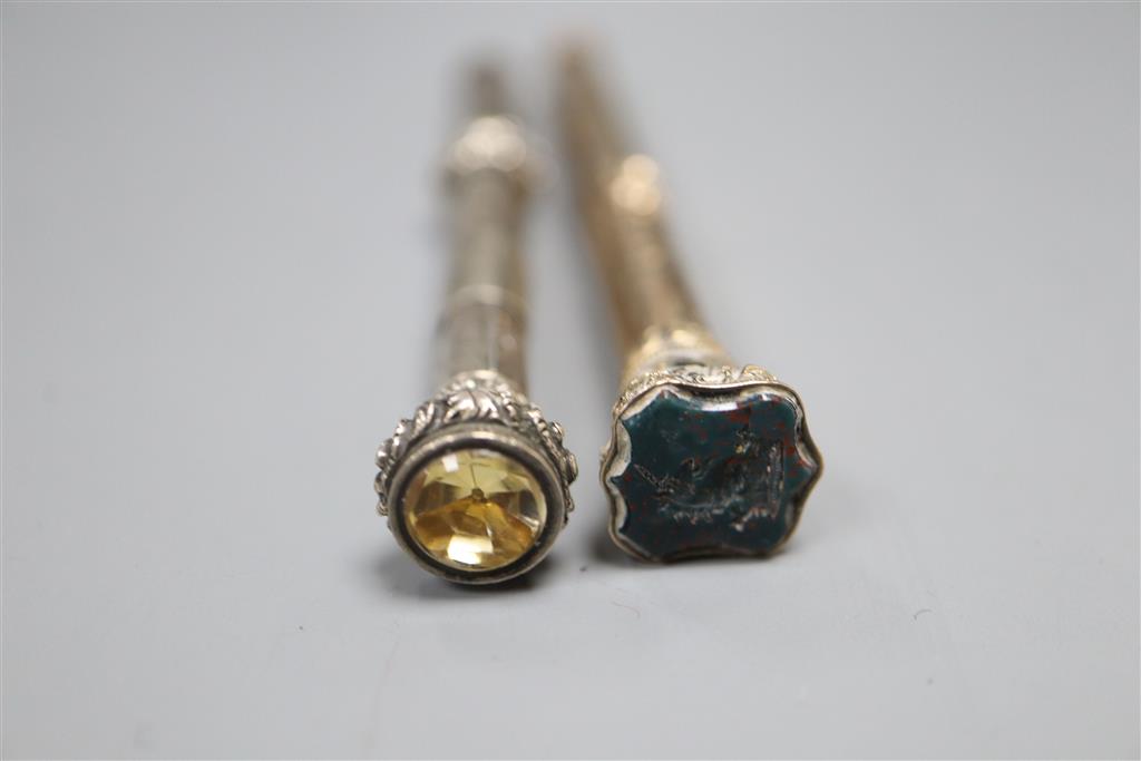 A Victorian gold overlaid telescopic pen/pencil and a silver pencil dated 1848